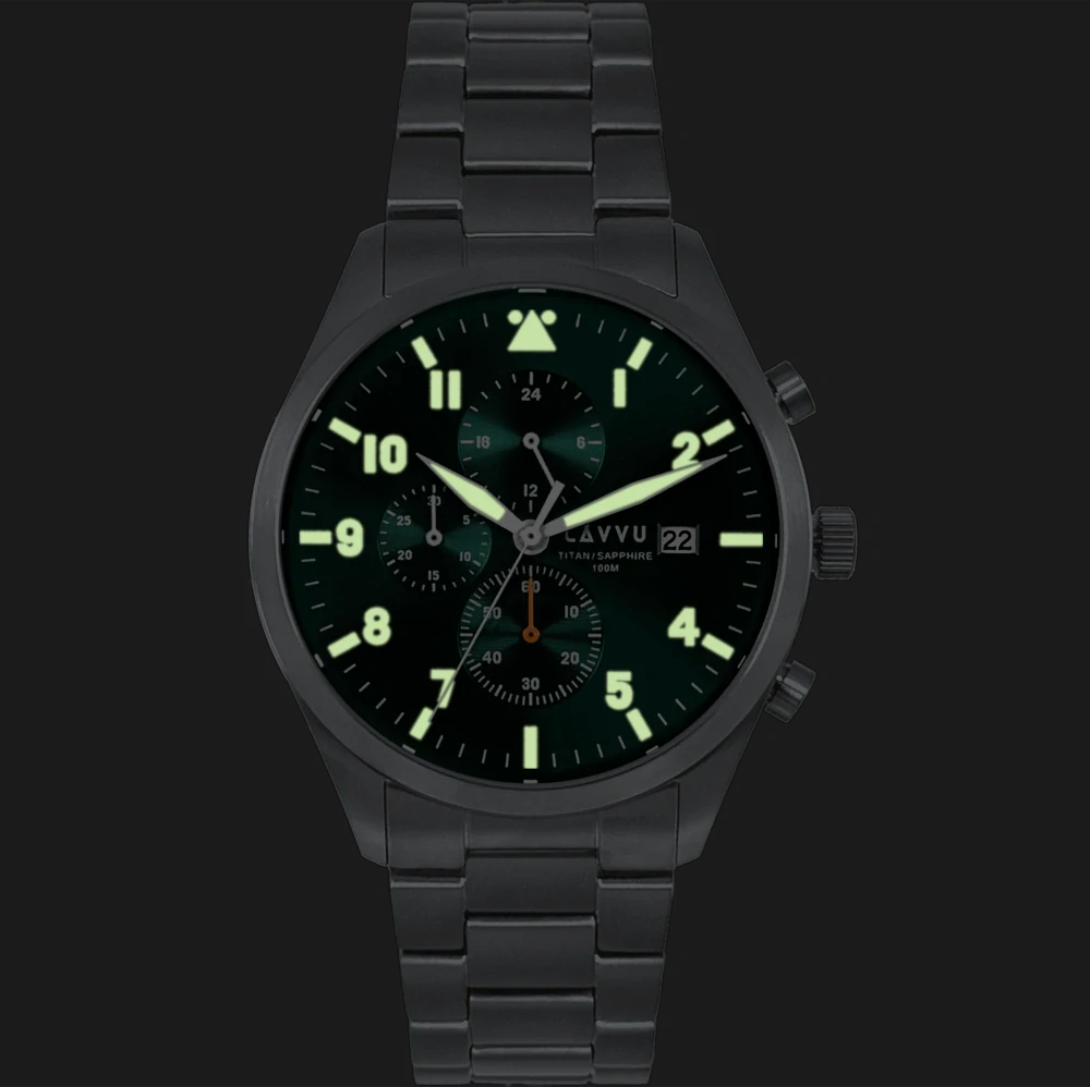 LAVVU Pánské titanové hodinky PILOT Chronograph Emerald Green 100M Sapphire LWM0291