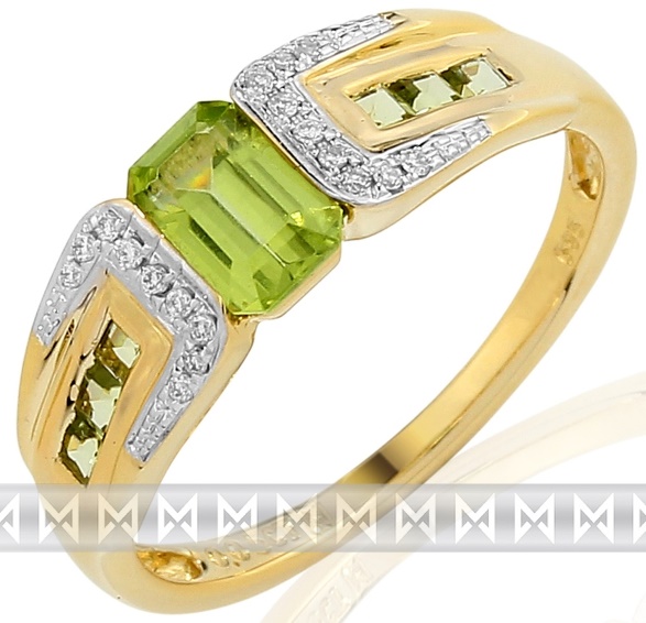 Luxusní zlatý prsten s pravými diamanty a zeleným olivínem 3811736