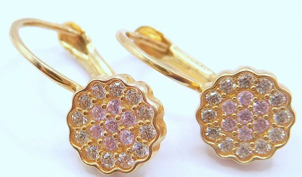 Klenoty Budín Dětské zlaté náušnice se zirkony a růženíny na patent 585/1,58gr HK2452
