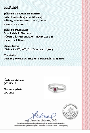 Klenoty Budín Luxusní zásnubní diamantový prsten s červeným turmalínem 585/2,2 gr J-22192-13  