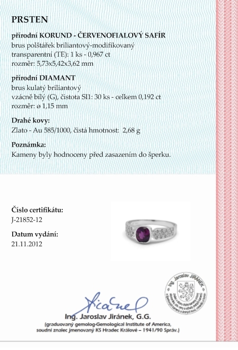 Luxusní prsten s červenofialovým safírem 585/2,68 gr  J-21852-13 POŠTOVNÉ ZDARMA!