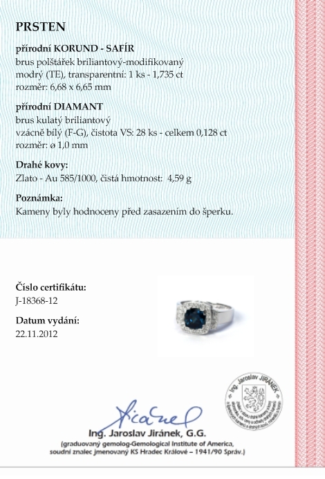Luxusní zásnubní prsten s přírodním modrým safírem 585/4,59 gr J-18368-12 POŠTOVNÉ ZDARMA!