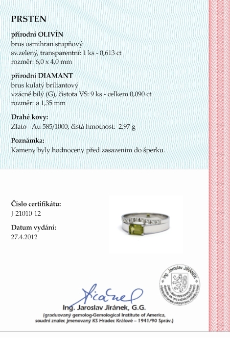 Diamantový dámský prsten s přírodním olivínem 585/2,97 gr J-21010-12 POŠTOVNÉ ZDARMA!