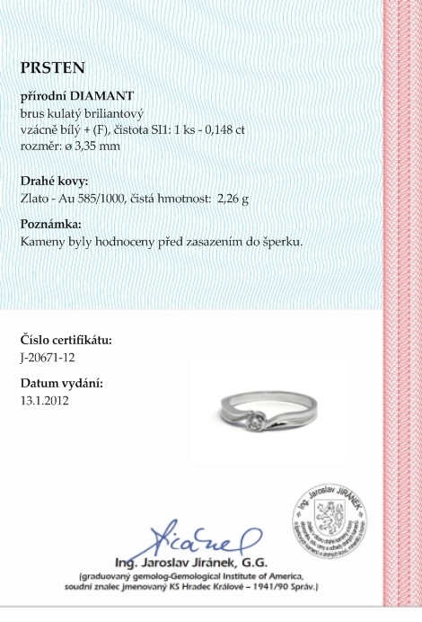 Klenoty Budín Zlatý zásnubní prsten s přírodním diamantem 585/2,26 gr J-20671-12 POŠTOVNÉ ZDARMA!