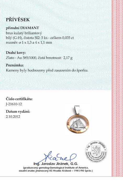Diamantový zlatý přívěsek s diamanty plachetnice 585/2,17 gr J-21610-12 POŠTOVNÉ ZDARMA!
