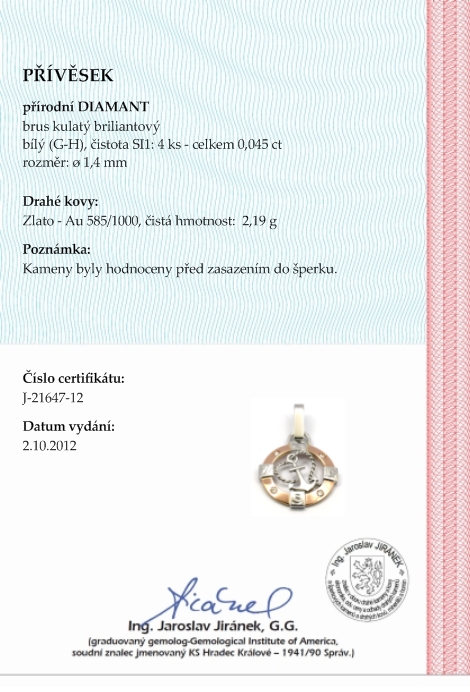Klenoty Budín Diamantový zlatý přívěsek s diamanty - kotva 585/2,19 gr J-21647-12 
