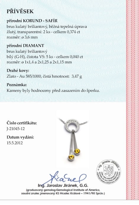 Diamantový zlatý přívěsek se žlutými safíry 585/3,47 gr J-21045-12 POŠTOVNÉ ZDARMA!