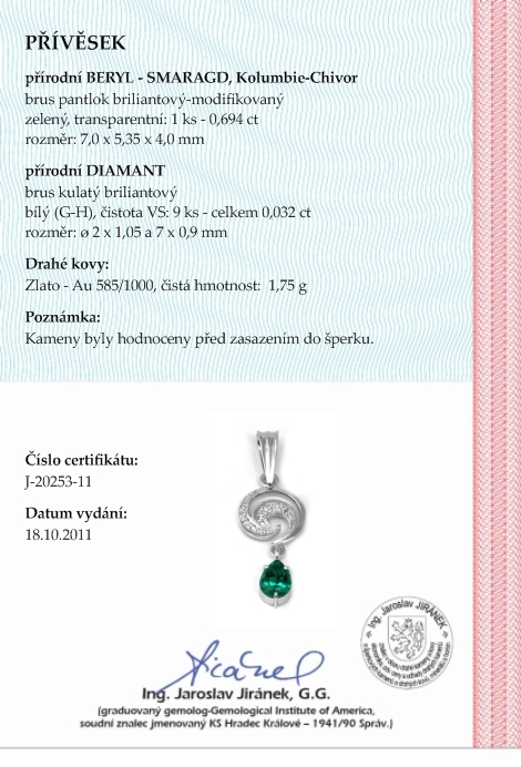 Diamantový zlatý přívěsek se smaragdem KOLUMBIE 585/1,75 gr J-20253-11 POŠTOVNÉ ZDARMA!