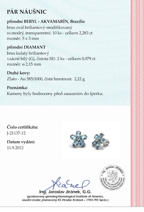 Diamantové náušnice s brazilskými akvamaríny 585/2,22 gr J-21137-12 POŠTOVNÉ ZDARMA!