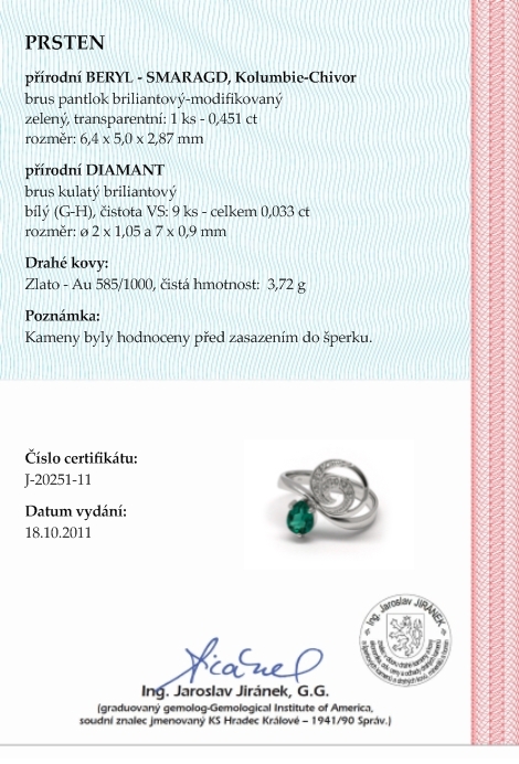 Luxusní zlatý rsten se smaragdem (0,451ct) a diamanty 585/3,72 gr J-20251-11 POŠTOVNÉ ZDARMA!