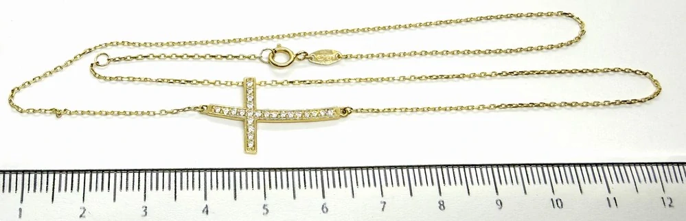 Klenoty Budín Dámský zlatý náhrdelník ze žlutého zlata se zirkony křížek naležato 585/2,30gr 42+3cm HK4083