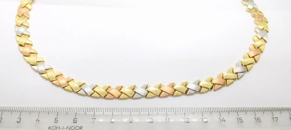 Klenoty Budín Dámský zlatý náhrdelník ze tří barev zlata koliér 585/17,82gr 45cm H2222