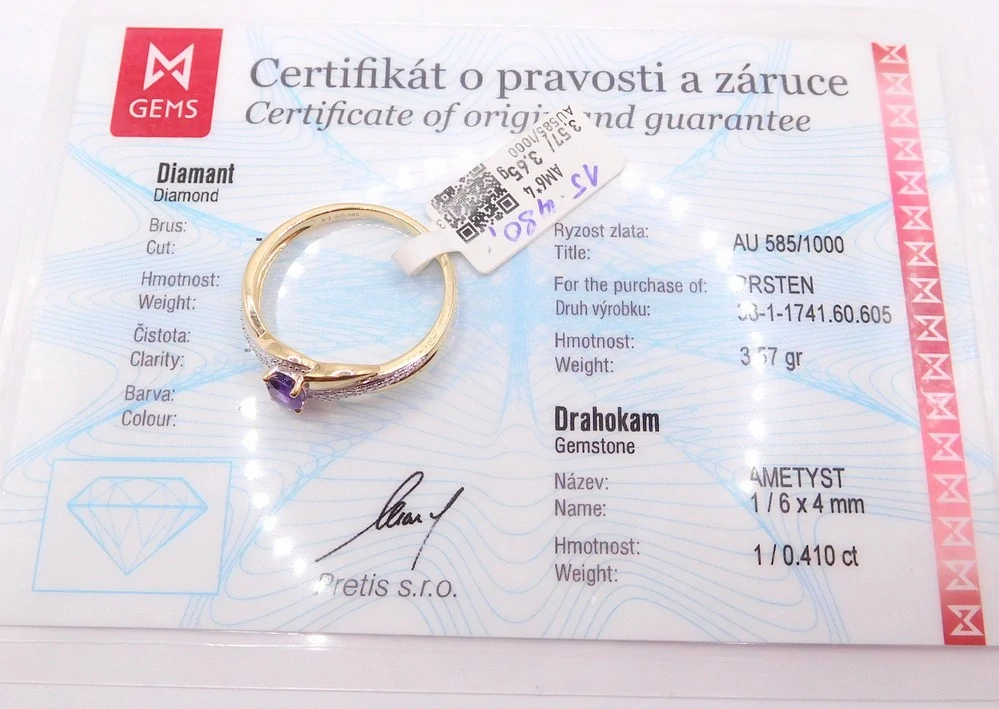 Klenoty Budín Dámský diamantový prsten ze žlutého zlata s fialovým přírodním ametystem 0,410CT vel. 60 585/3,57gr 3811741
