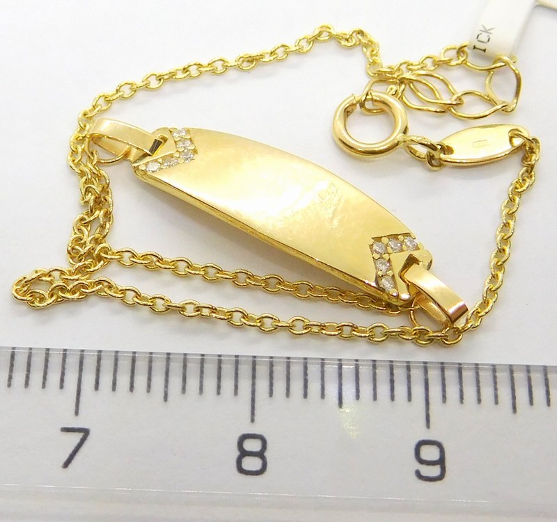 Klenoty Budín Dámský zlatý náramek se zirkony destička ke gravírování 585/1,65gr 19+3cm 1440734