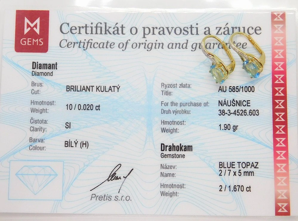 Klenoty Budín Diamantové náušnice s modrými topazy BLUE TOPAZ 585/1,85gr 3834526