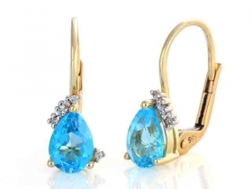 Diamantové náušnice, žluté zlato briliant, modrý topaz (blue topaz)  585/1,95 gr