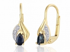 Diamantové náušnice, žluté zlato briliant, tmavě modrý safír 585/1,7 gr