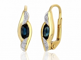 Diamantové náušnice, žluté zlato briliant, tmavý safír 585/2,05 gr