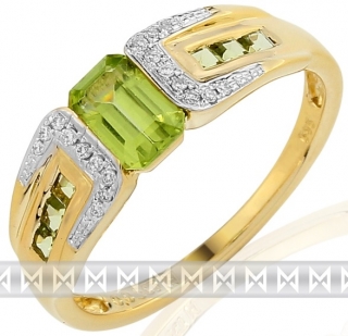 Luxusní zlatý prsten s pravými diamanty a zeleným olivínem 3811736